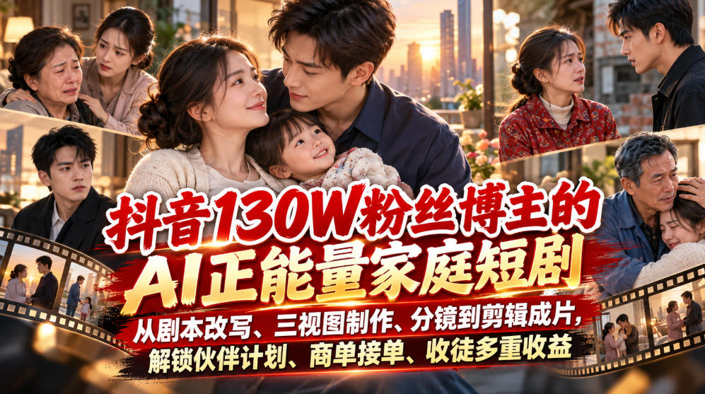 抖音130W粉丝博主的AI正能量家庭短剧,从剧本改写、三视图制作、分镜到剪辑成片,解锁伙伴计划、商单接单、收徒多重收益-龙部落