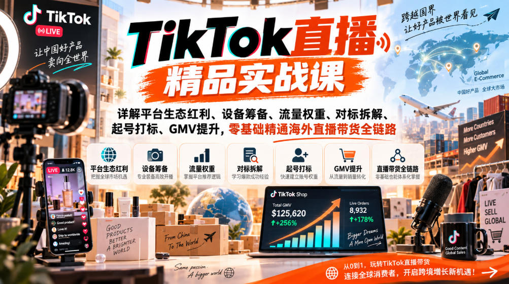 TikTok直播精品实战课，详解平台生态红利、设备筹备、流量权重、对标拆解、起号打标、GMV提升，零基础精通海外直播带货全链路-龙部落