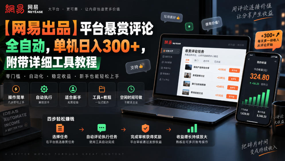 【网易出品】平台悬赏评论全自动，单机日入300+，附带详细工具教程【揭秘】-龙部落