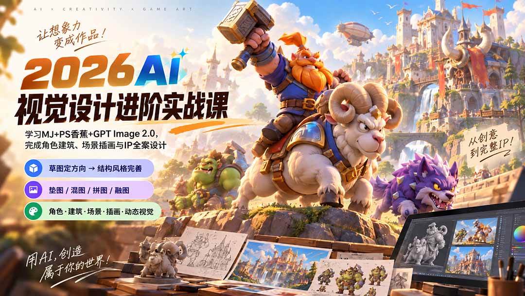 （20424期）2026AI视觉设计进阶实战课-更新：学习MJ+PS香蕉+GPT Image 2.0，完成角色建筑、场景插画与IP全案设计-龙部落