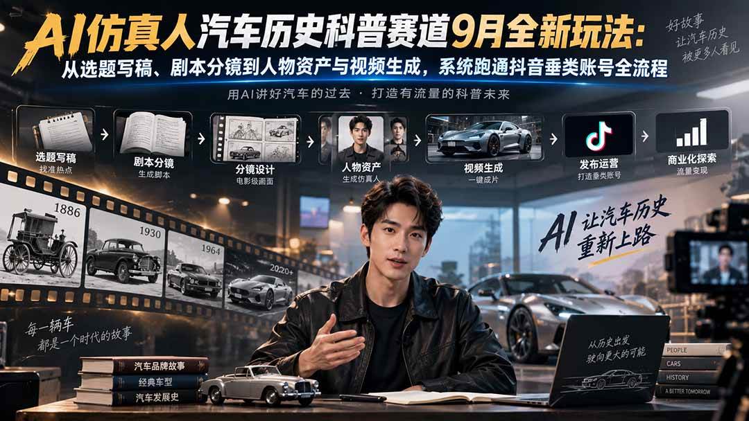 （20413期）AI仿真人汽车历史科普赛道9月全新玩法：从选题写稿、剧本分镜到人物资产与视频生成，系统跑通抖音垂类账号全流程-龙部落