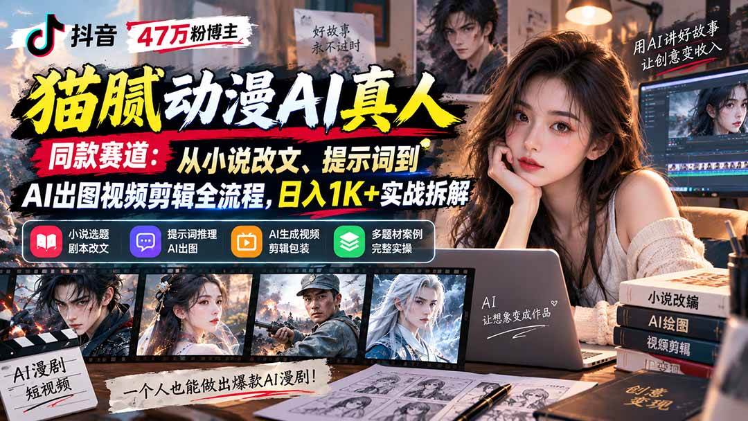 (20524期)抖音47万粉博主猫腻动漫AI真人同款赛道:从小说改文、提示词到AI出图视频剪辑全流程,日入1K+实战拆解 (20524期)抖音47万粉博主猫腻动漫AI真人同款赛道:从小说改文、提示词到AI出图视频剪辑全流程,日入1K+实战拆解
