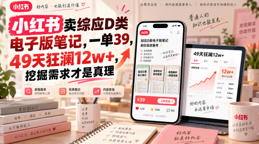 小红书卖综应D类电子版笔记，一单39，49天狂澜12w+，挖掘需求才是真理-龙部落