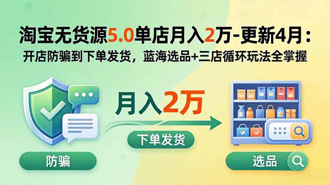 淘宝无货源5.0单店月入2万-更新2026：开店防骗到下单发货，蓝海选品+三店循环玩法全掌握-龙部落