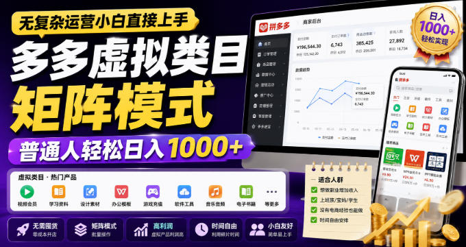 无复杂运营小白直接上手，多多虚拟类目矩阵模式，普通人轻松日入1000+【揭秘】-龙部落