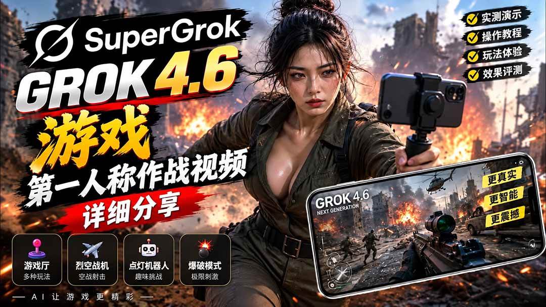 (20502期)Grok 4.6 也能做游戏?第一人称作战视频实测|玩法详细讲解-龙部落