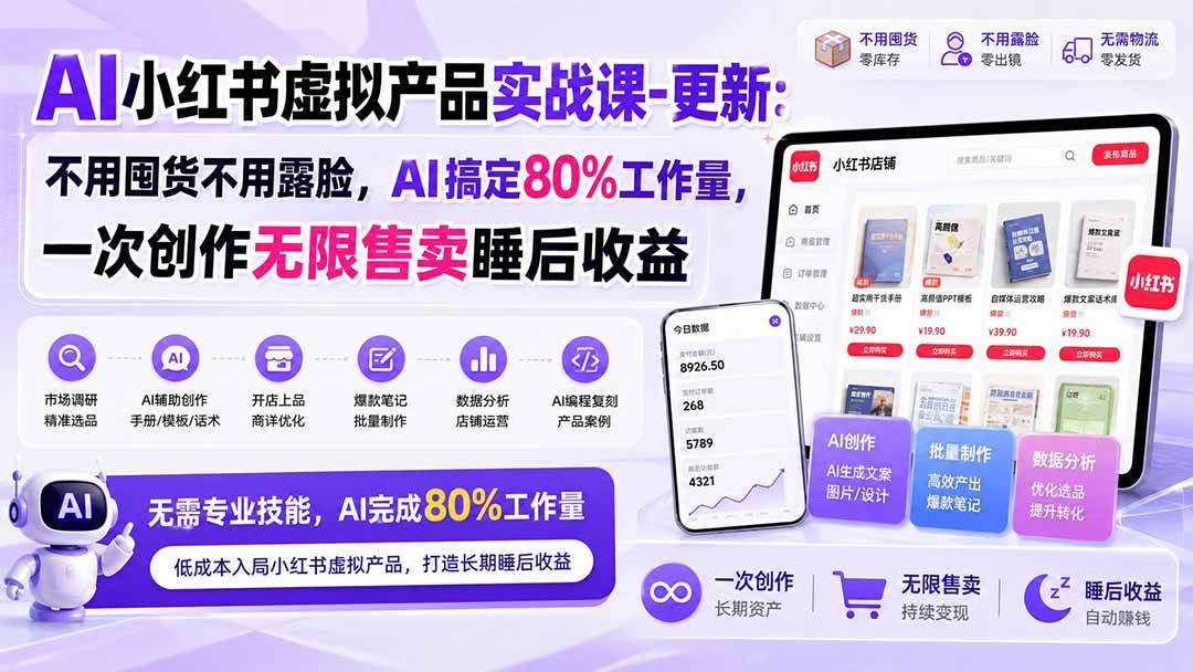 （20311期）AI小红书虚拟产品实战课-更新：不用囤货不用露脸，AI搞定80%工作量，一次创作无限售卖睡后收益-龙部落
