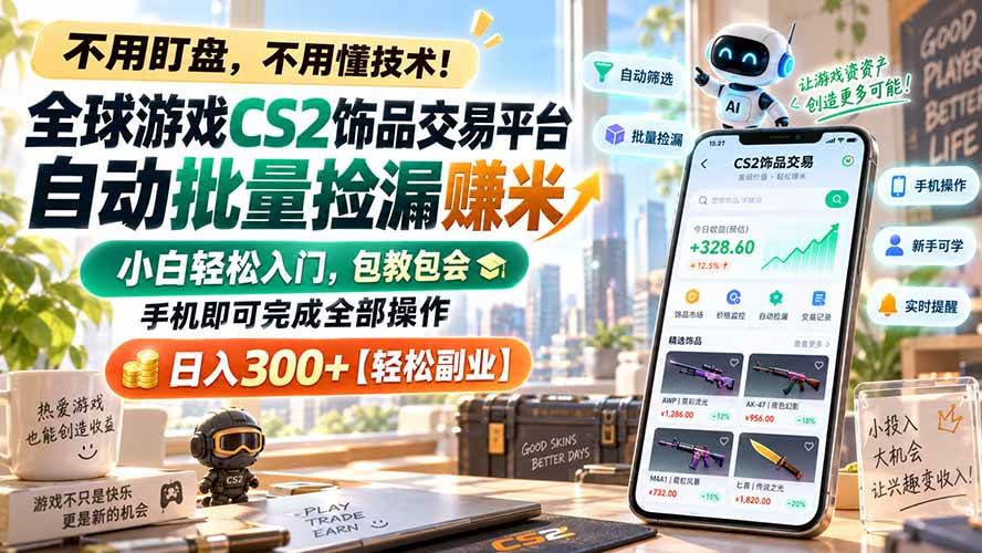 （20454期）全球游戏CS2饰品交易平台自动批量捡漏赚米，小白轻松入门，包教包会，手机即可完成全部操作，日入300+【轻松副业】-龙部落