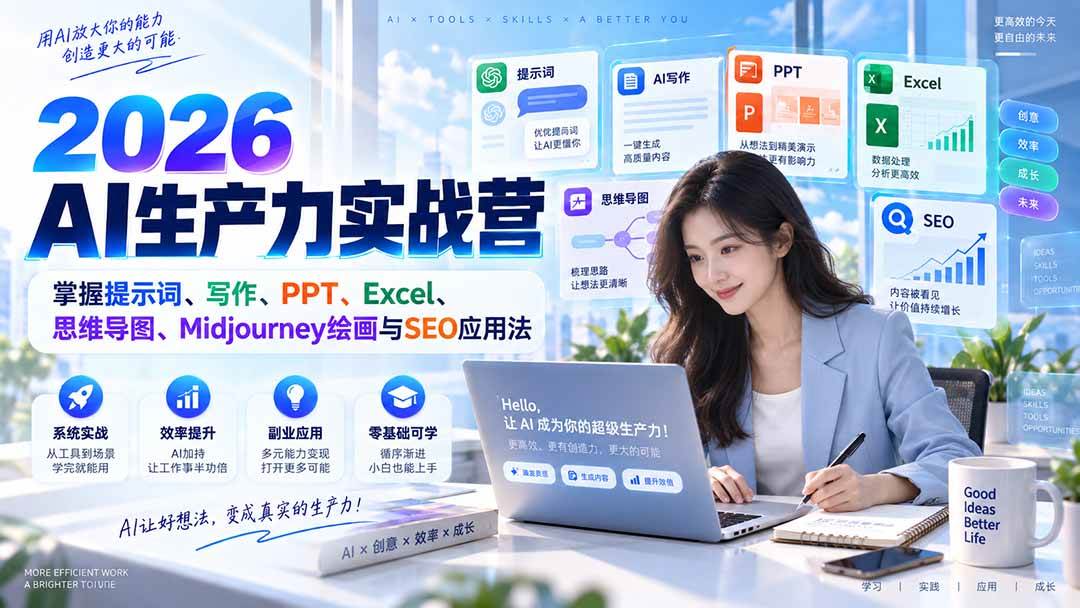 (20307期)2026AI生产力实战营:掌握提示词、写作、PPT、Excel、思维导图、Midjourney绘画与SEO应用法 (20307期)2026AI生产力实战营:掌握提示词、写作、PPT、Excel、思维导图、Midjourney绘画与SEO应用法
