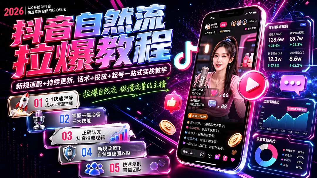 抖音自然流拉爆教程-更新8月：做懂流量的主播，新规适配+持续更新，话术+投放+起号一站式实战教学-龙部落