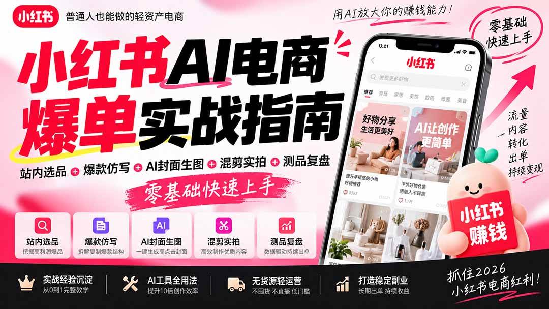 （20516期）2026小红书AI电商爆单实战指南：站内选品+爆款仿写+AI封面生图+混剪实拍+测品复盘，零基础快速上手-龙部落
