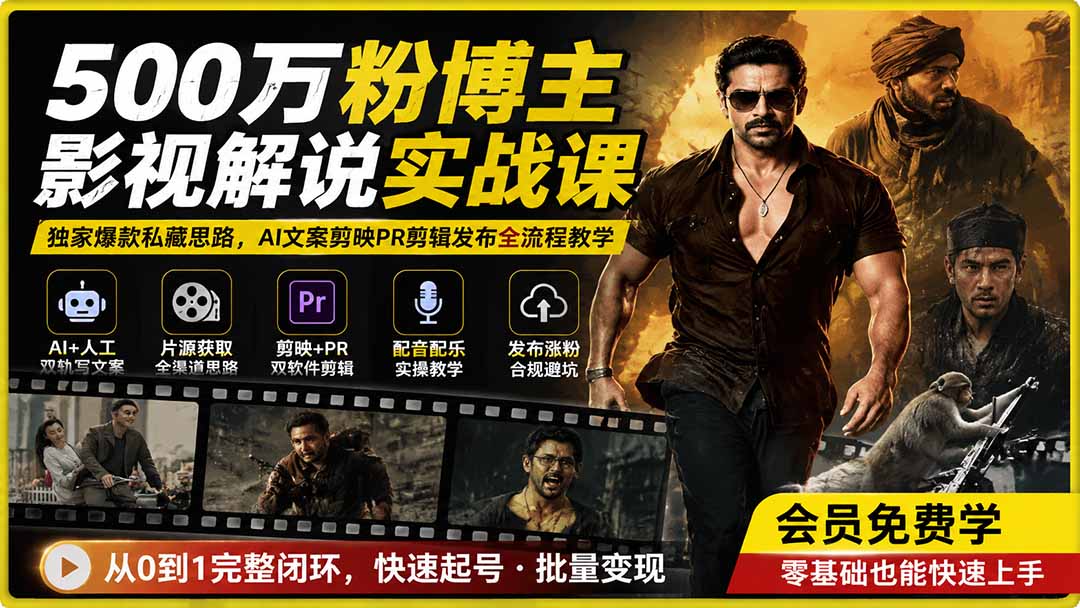500万粉博主影视解说实战课｜独家爆款私藏思路，AI文案剪映PR剪辑发布全流程教学-龙部落