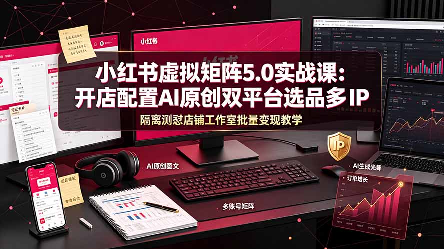 小红书虚拟矩阵5.0实战课：开店配置｜AI原创｜双平台选品｜多IP隔离｜测怼店铺工作室批量变现实操教学-龙部落
