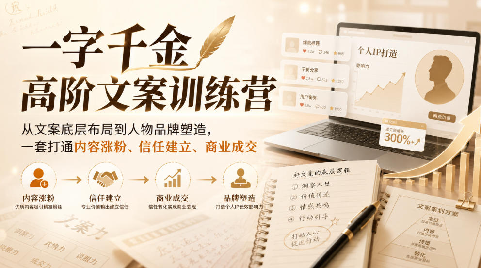 一字千金高阶文案训练营,从文案底层布局到人物品牌塑造,一套打通内容涨粉、信任建立、商业成交-龙部落