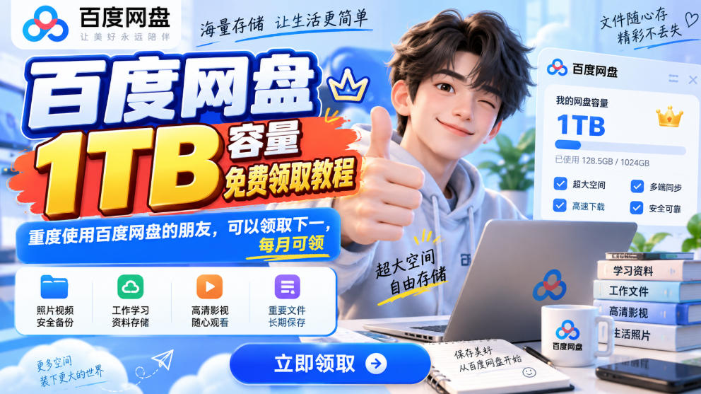 百度网盘1TB容量免费领取教程，重度使用百度网盘的朋友，可以领取下一，每月可领-龙部落