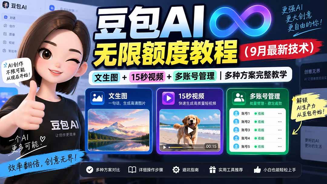 （20288期）豆包AI无限额度教程（9月最新技术）｜文生图+15秒视频+多账号管理｜多种方案完整教学-龙部落