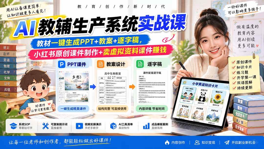 (20583期)AI教辅生产系统实战课-更新0922|教材一键生成PPT+教案+逐字稿,小红书原创课件制作+卖虚拟资料课件赚钱 (20583期)AI教辅生产系统实战课-更新0922|教材一键生成PPT+教案+逐字稿,小红书原创课件制作+卖虚拟资料课件赚钱