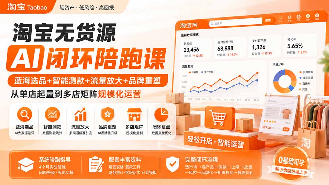淘宝无货源AI闭环陪跑课:蓝海选品+智能测款+流量放大+品牌重塑,从单店起量到多店矩阵规模化运营-龙部落