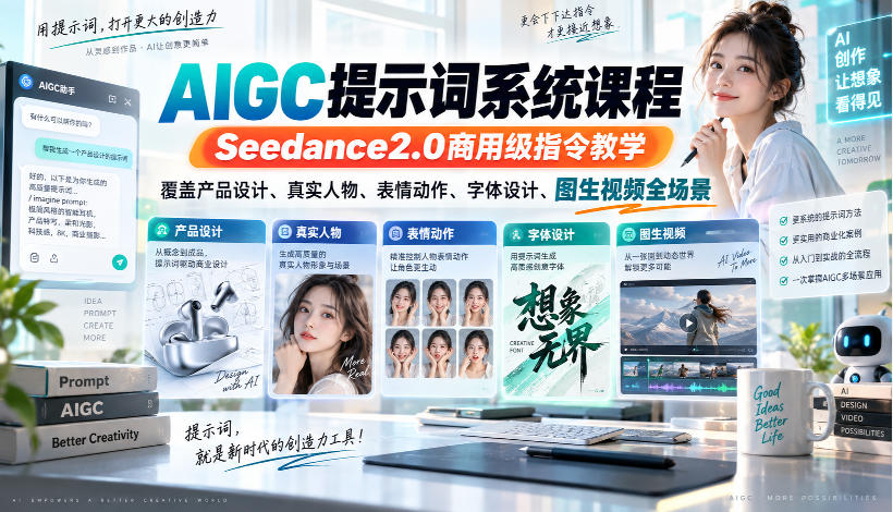 AIGC提示词系统课程,Seedance2.0商用级指令教学,覆盖产品设计、真实人物、表情动作、字体设计、图生视频全场景-龙部落