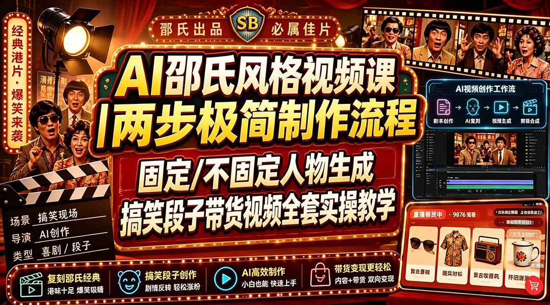AI邵氏风格视频课｜两步极简制作流程，固定/不固定人物生成，搞笑段子带货视频全套实操教学-龙部落