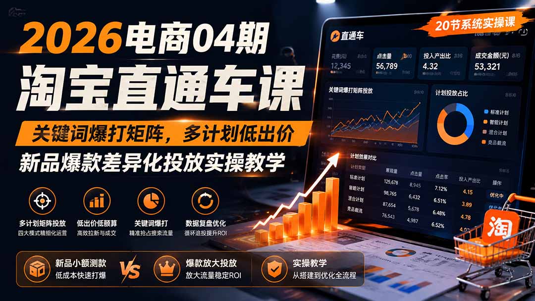 2026电商04期淘宝直通车课|关键词爆打矩阵,多计划低出价,新品爆款差异化投放实操教学-龙部落
