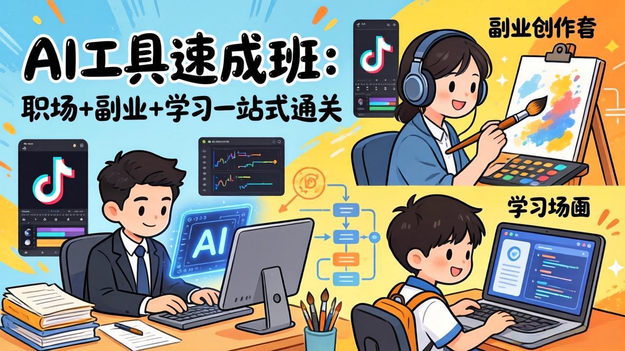 AI工具速成班：职场+副业+学习一站式通关，20+爆款类型+剪映技巧+抖音算法，0基础快速上手-龙部落