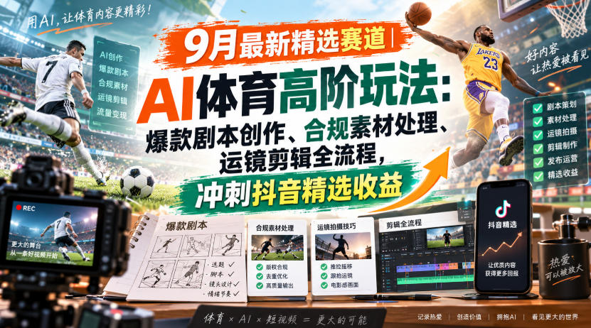 某大佬的9月最新精选赛道之AI体育顶级玩法,爆款剧本创作、版权规避、运镜剪辑全流程,稳拿抖音精选收益-龙部落