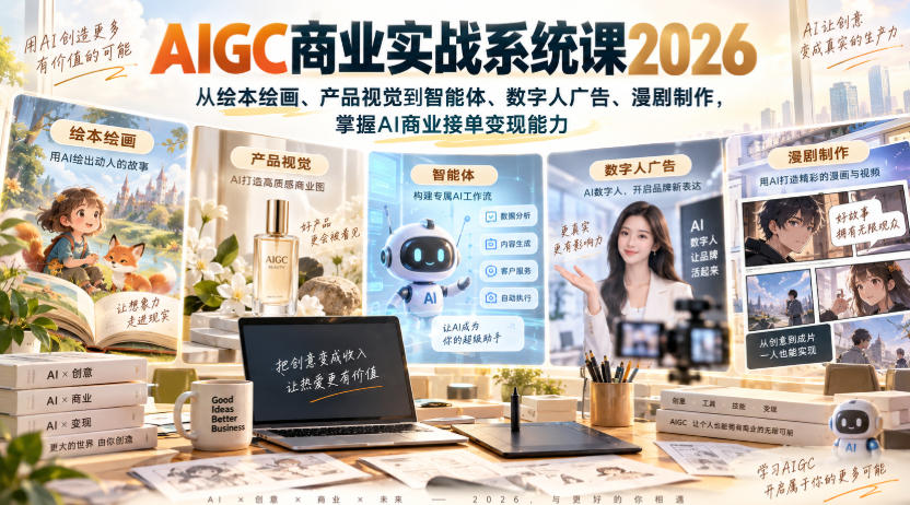 AIGC商业实战系统课2026，从绘本绘画、产品视觉到智能体、数字人广告、漫剧制作，掌握AI商业接单变现能力-龙部落