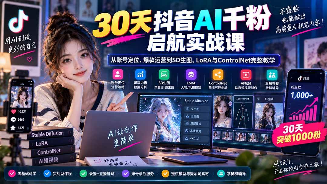 （20291期）30天抖音AI千粉启航实战课：从账号定位、爆款运营到SD生图、LoRA与ControlNet完整教学-龙部落