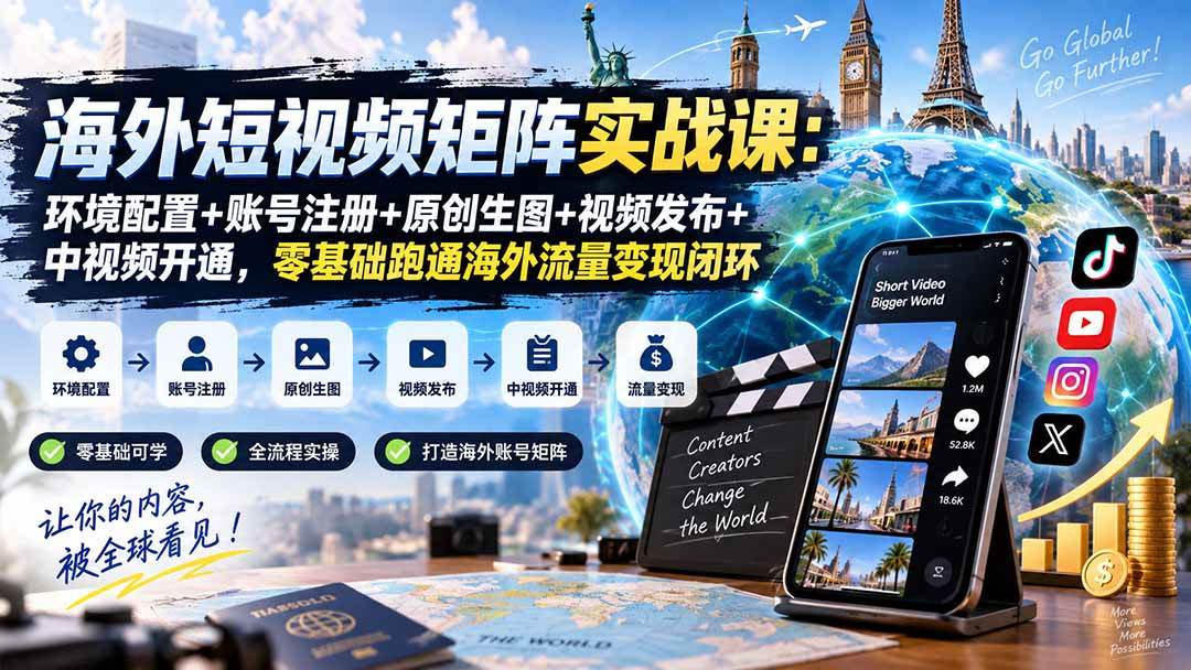 （20470期）海外短视频矩阵实战课：环境配置+账号注册+原创生图+视频发布+中视频开通，零基础跑通海外流量变现闭环-龙部落