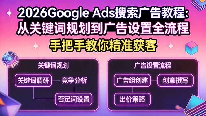 2026Google Ads搜索广告教程:从关键词规划到广告设置全流程,手把手教你精准获客-龙部落