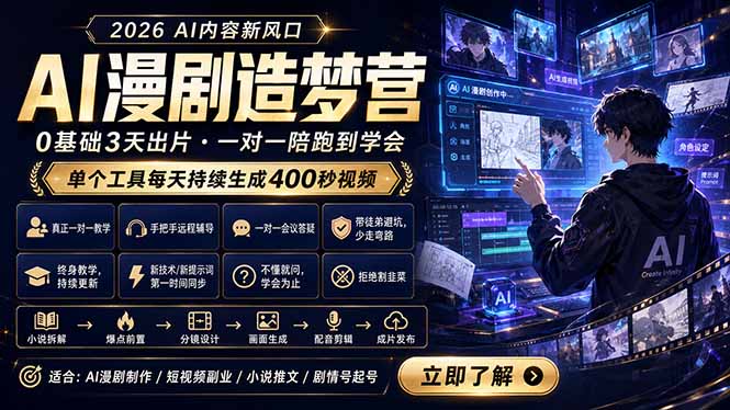 AI漫剧造梦营:0基础3天出片,单个工具每天持续生成400秒视频-龙部落