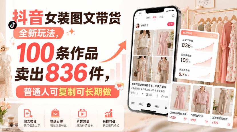 抖音女装图文带货全新玩法，100条作品卖出836件，普通人可复制可长期做-龙部落