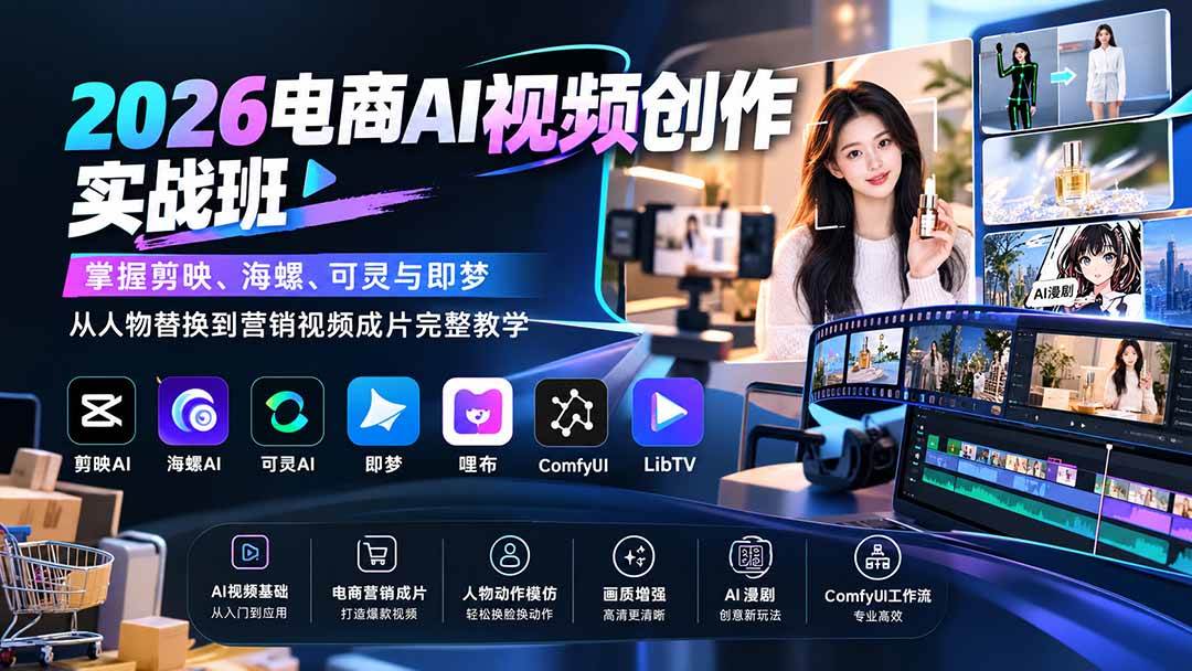 （20466期）2026电商AI视频创作实战班：掌握剪映、海螺、可灵与即梦，从人物替换到营销视频成片完整教学-龙部落
