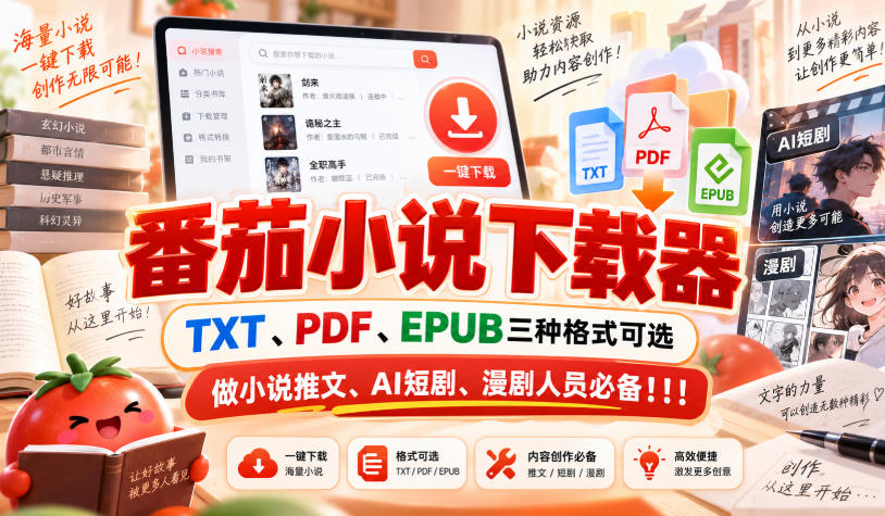 番茄小说下载器,TXT、PDF、EPUB三种格式可选,做小说推文、AI短剧、漫剧人员必备!!!-龙部落