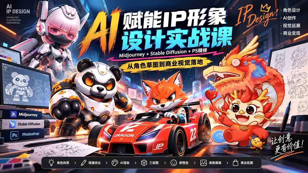(20552期)AI赋能IP形象设计实战课-无水印:Midjourney+Stable Diffusion+PS精修,从角色草图到商业视觉落地-龙部落