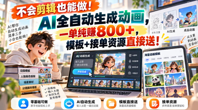 不会剪辑也能做!AI全自动生成动画,一单纯賺800+,模板+接单资源直接送!【揭秘】-龙部落