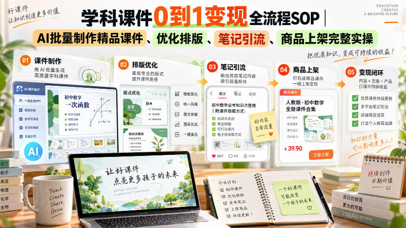 学科课件0到1变现全流程SOP｜AI批量制作精品课件、优化排版、笔记引流、商品上架完整实操-龙部落