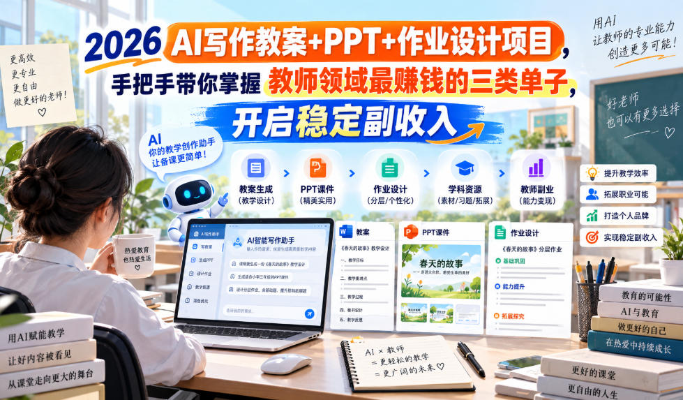 2026 AI写作教案+PPT+作业设计项目,手把手带你掌握教师领域最賺钱的三类单子,开启稳定副收入-龙部落