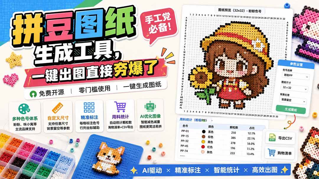 (20084期)拼豆图纸生成工具,手工党必备!一键出图直接夯爆了-龙部落
