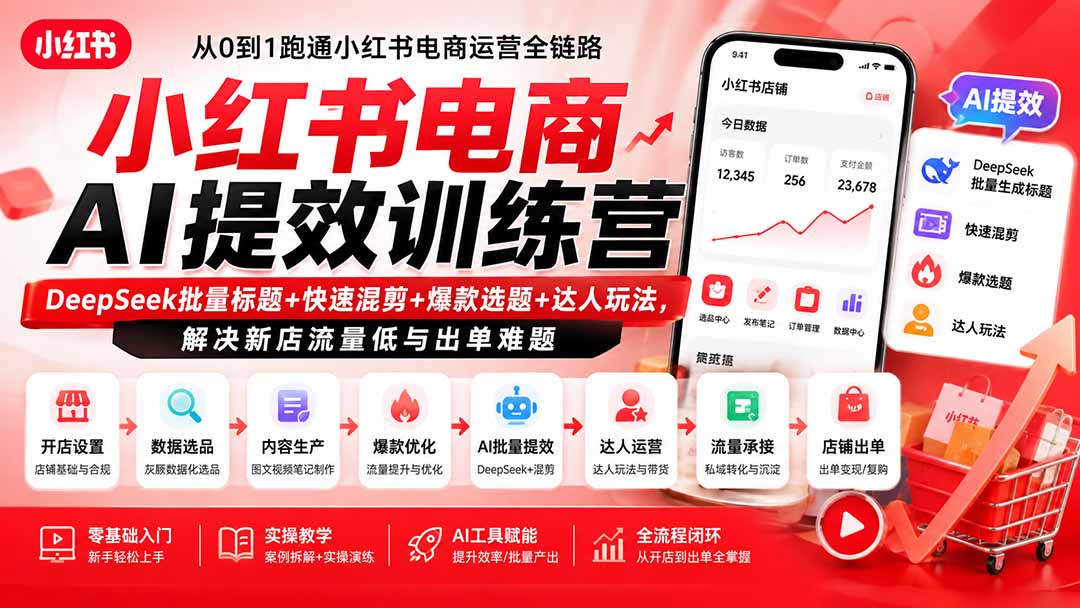 小红书电商AI提效训练营—DeepSeek批量标题+快速混剪+爆款选题+达人玩法，解决新店流量低与出单难题-龙部落