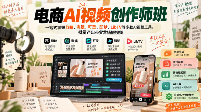 电商AI视频创作师班，一站式掌握剪映、海螺、可灵、即梦、LibTV等多款AI视频工具，批量产出带货营销短视频-龙部落
