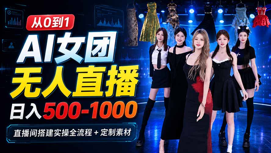 AI 女团无人直播，躺入500-1000每天，直播间搭建实操全流程+定制素材-龙部落