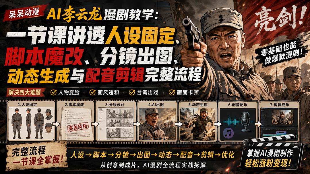 （20107期）呆呆动漫AI李云龙漫剧教学：一节课讲透人设固定、脚本魔改、分镜出图、动态生成与配音剪辑完整流程-龙部落