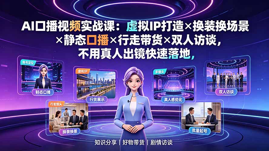 AI口播视频实战课：虚拟IP打造×换装换场景×静态口播×行走带货×双人访谈，不用真人出镜快速落地-龙部落