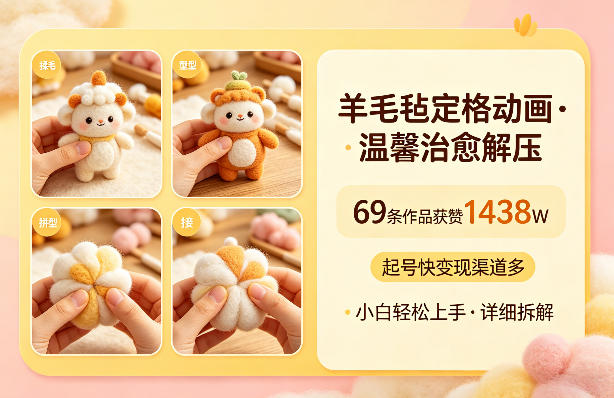 羊毛毡定格动画，温馨治愈解压，69条作品获赞1438W，起号快变现渠道多，小白轻松上手，详细拆解-龙部落