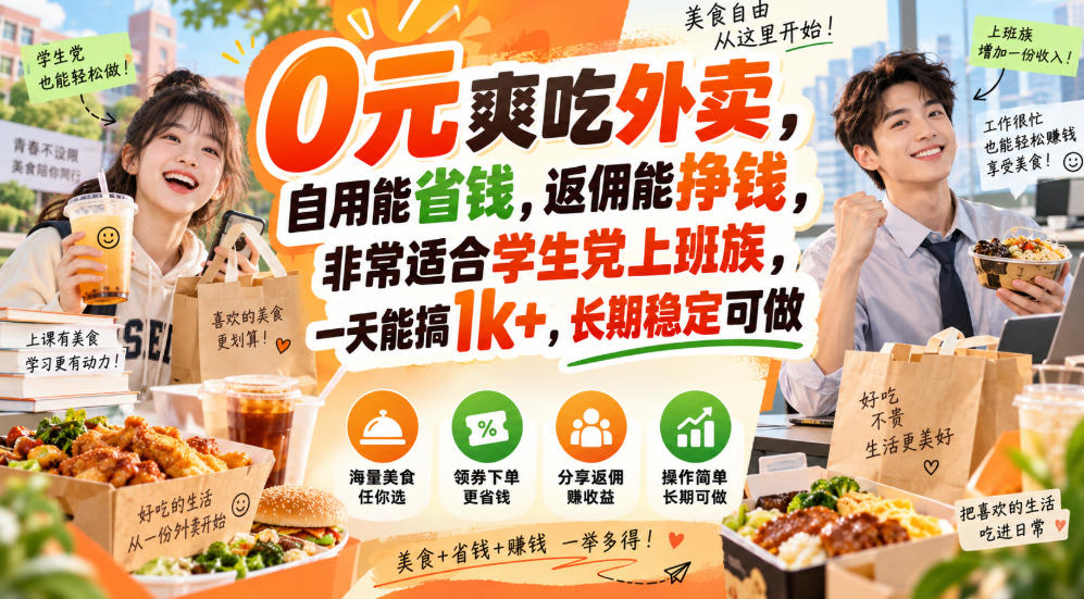 0元爽吃外卖,自用能省钱,返佣能挣钱,非常适合学生党上班族,一天能搞1k+,长期稳定可做-龙部落