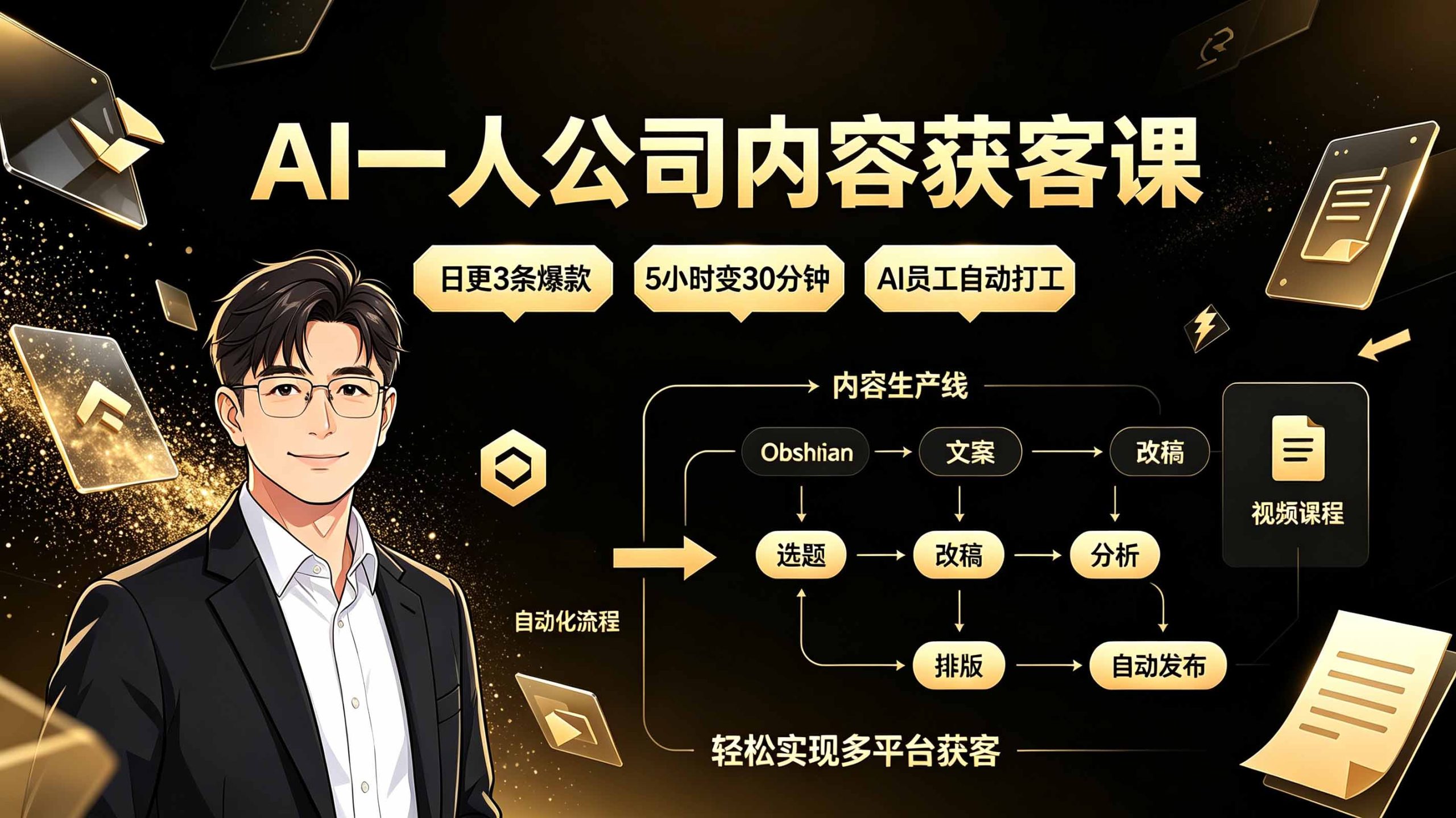 AI一人公司内容获客课：日更3条爆款×5小时变30分钟×AI员工自动打工，轻松实现多平台获客-龙部落