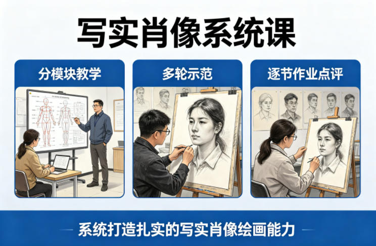 写实肖像系统课，全程分模块教学+多轮示范+逐节作业点评，系统打造扎实的写实肖像绘画能力-龙部落