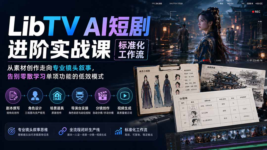 LibTV AI短剧进阶实操课标准化工作流；从素材创作走向专业镜头叙事，告别零散学习单项功能的低效模式-龙部落